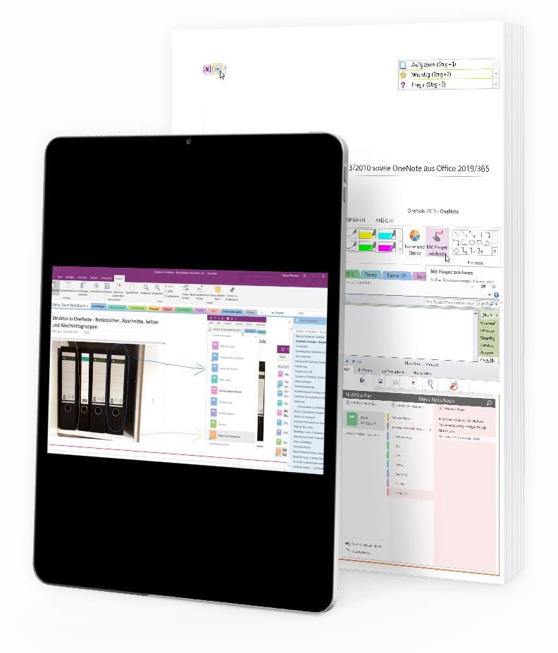 Documents for the online seminar – a PDF accompanying script (shown here printed) and the OneNote video course (shown here open on an iPad).