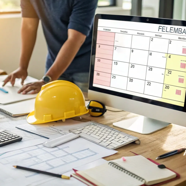 Construction site calendar on the computer, construction plans, helmets and office supplies on the desk.