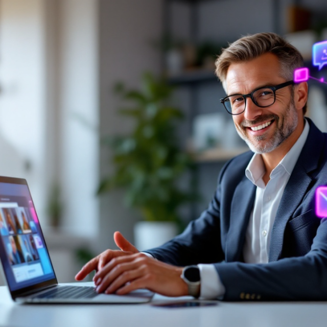 An employee on a laptop learns Microsoft Teams with video courses.