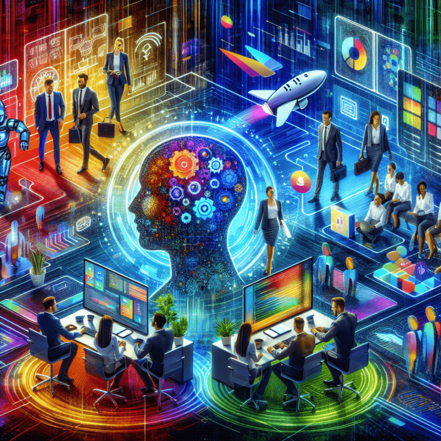 An illustration depicting people, technology and a brain with gears as a symbol for a video course on Microsoft Copilot as the AI integrated into Office 365.