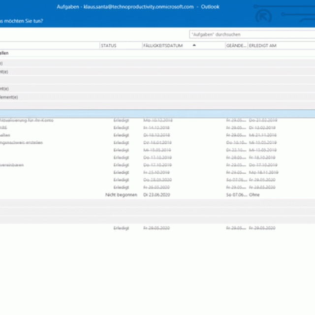 Screenshot from the e-learning course: Outlook tasks categorised and grouped - the category „Project A“ is expanded and all associated tasks can be seen, while the list with the other groups is reduced.