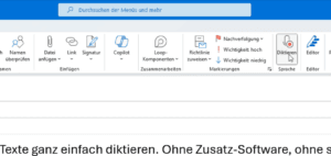 Menu ribbon of the German Microsoft Outlook 365, the Dictate button for an e-mail is highlighted. Menu ribbon of the German Microsoft Outlook 365, the Dictate button for an e-mail is highlighted.
