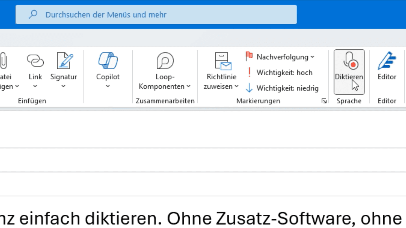 Menu ribbon of the German Microsoft Outlook 365, the Dictate button for an e-mail is highlighted. Menu ribbon of the German Microsoft Outlook 365, the Dictate button for an e-mail is highlighted.