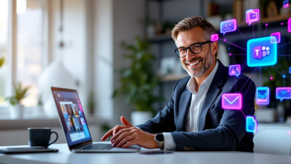 An employee on a laptop learns Microsoft Teams with video courses.