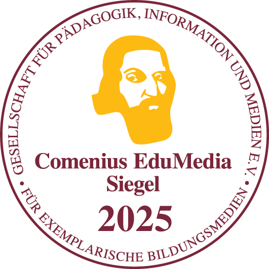 „EduMedia Seal 2025“ with Comenius Head in Gold, Award for the Office Video Course by Holger Wöltje.
