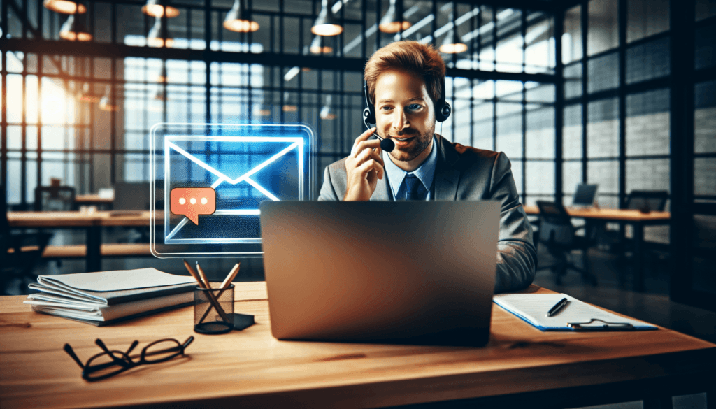 A man in a suit sits at his laptop and dictates an e-mail into Outlook using a headset - this is effective time management, as he doesn't have to type for long.