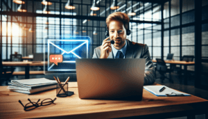 A man in a suit sits at his laptop and dictates an e-mail into Outlook using a headset - this is effective time management, as he doesn't have to type for long.