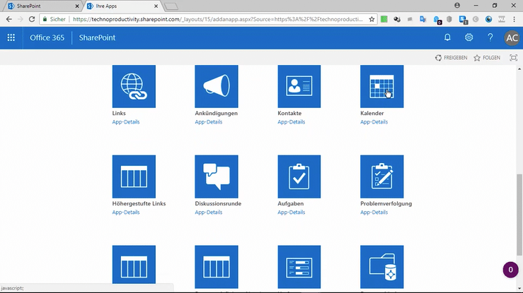 Screenshot of a SharePoint page with calendar, tasks and document library. Ideal for SharePoint video tutorials.