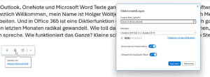 In a German Microsoft Outlook e-mail, a Dictation settings menu is displayed with options for changing the spoken language, microphone and other dictation settings. In a German Microsoft Outlook e-mail, a Dictation settings menu is displayed with options for changing the spoken language, microphone and other dictation settings.