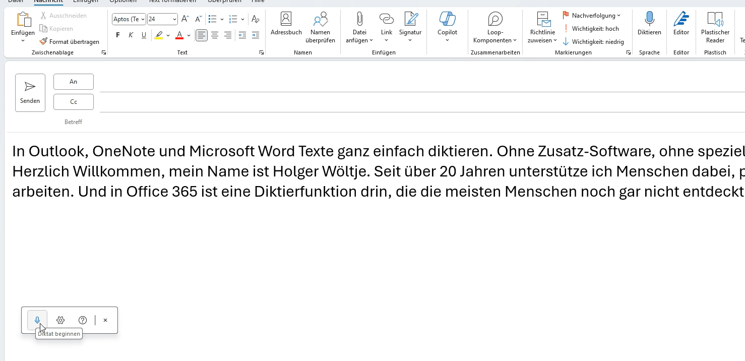 An Outlook e-mail interface with German text, „Start dictation“ is clicked in the toolbar of the dictation function An Outlook e-mail interface with German text, „Start dictation“ is clicked in the toolbar of the dictation function