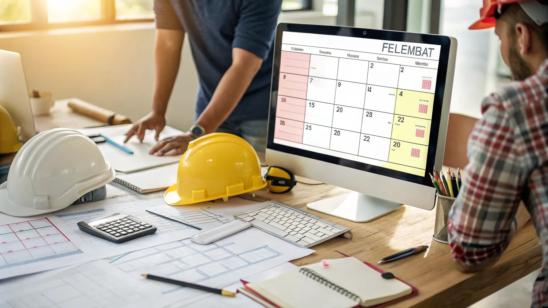 Construction site calendar on the computer, construction plans, helmets and office supplies on the desk.